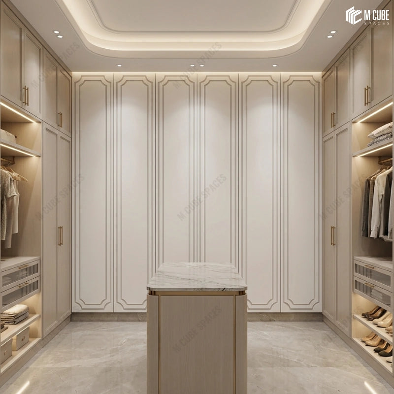 White Wall Panels on Shutters in Luxury Walk-in Wardrobe