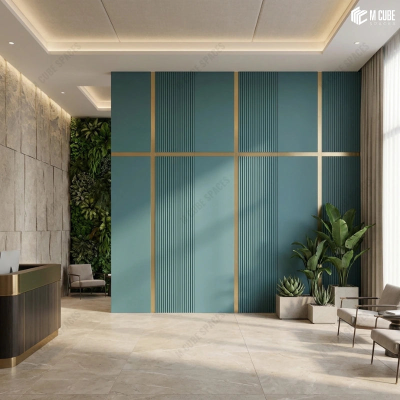 Calm and Spacious Modern Spa Lobby with Biophilic design | Emerald Decorative Panels and Beige PU Rock