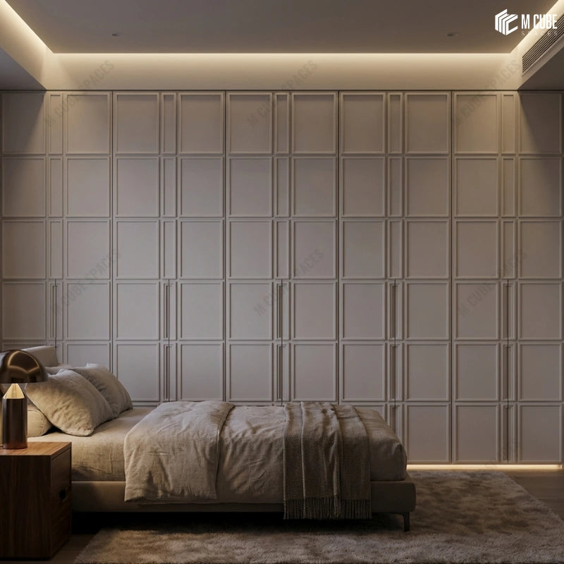 Off White Grid Design panels on Wardrobe Shutters in a Calm Luxury Bedroom