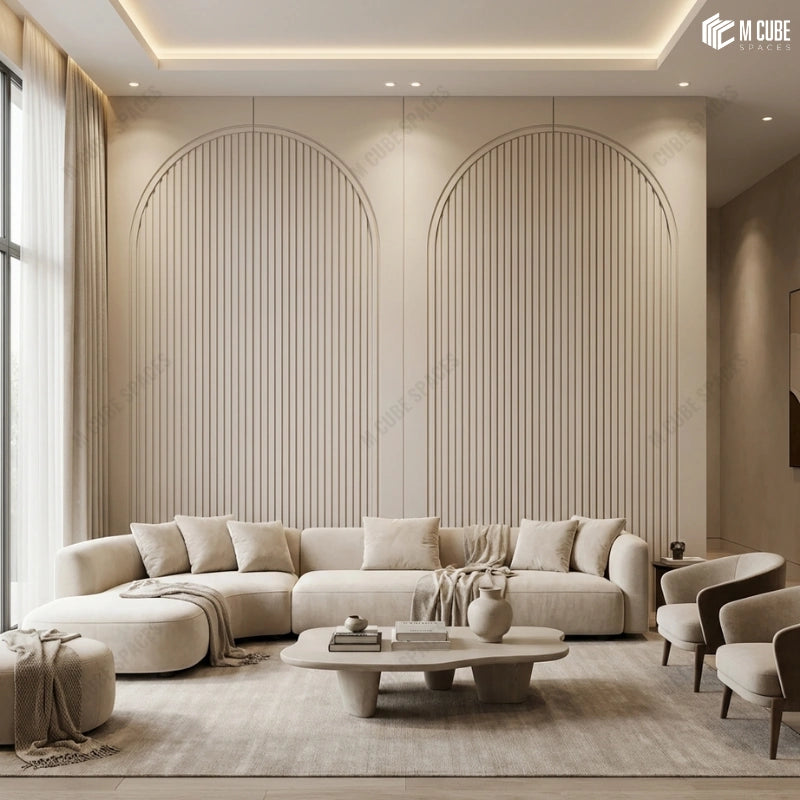 Symmetrical Design using Decorative Panels in Warm Contemporary Living Area