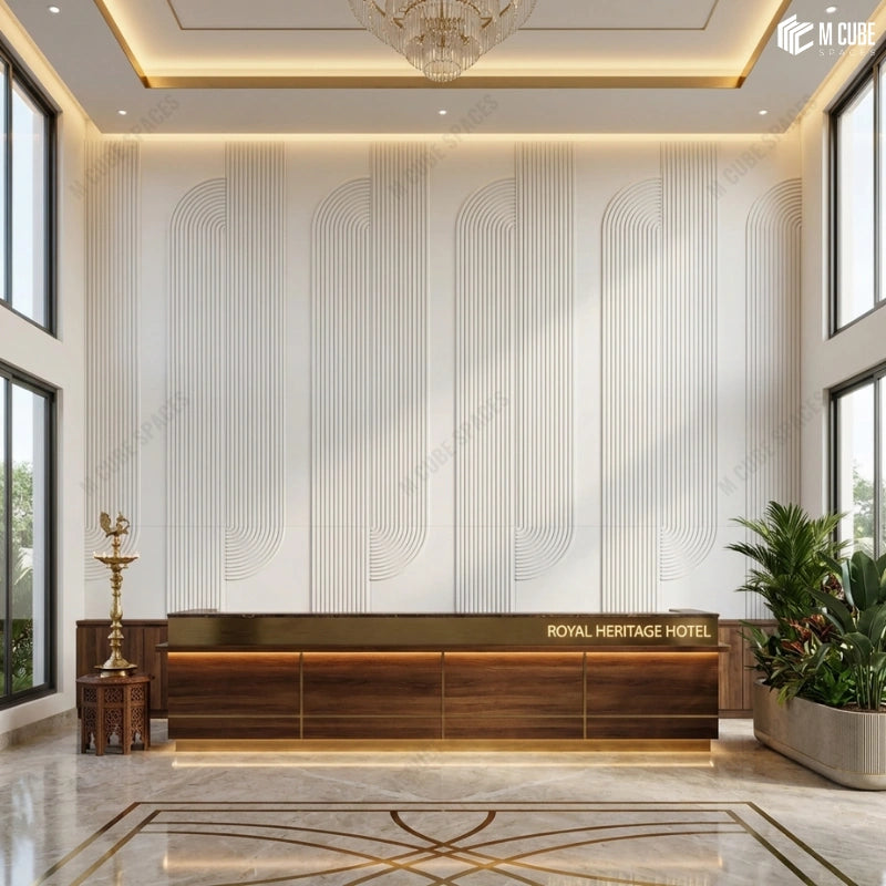 White Wall Panels used as Feature Wall at a Grand Hotel Reception Desk