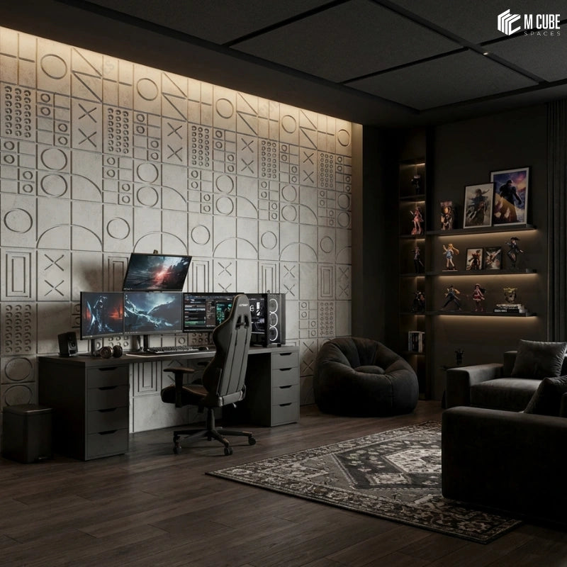 Geometric Design Feature Wall Panel in Modern Gaming Studio Room