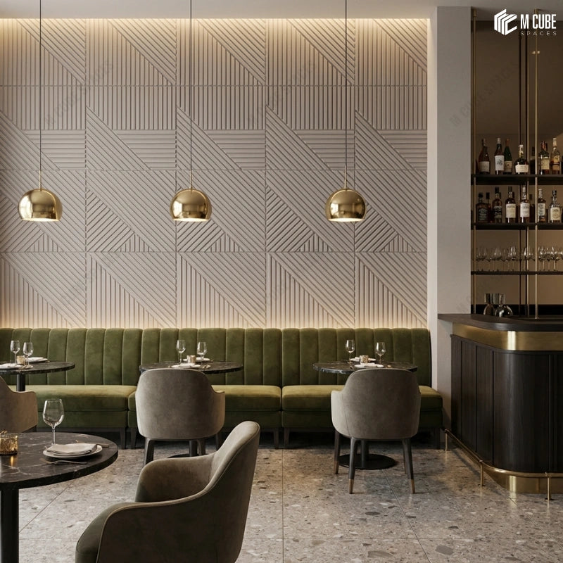 Beige Decorative Panels in High End Bistro as Feature Wall