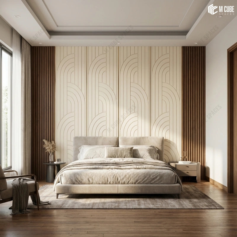 Soft Modern Bedroom Statement Interior Walls designed with Matteo Panels and Wooden Louvers