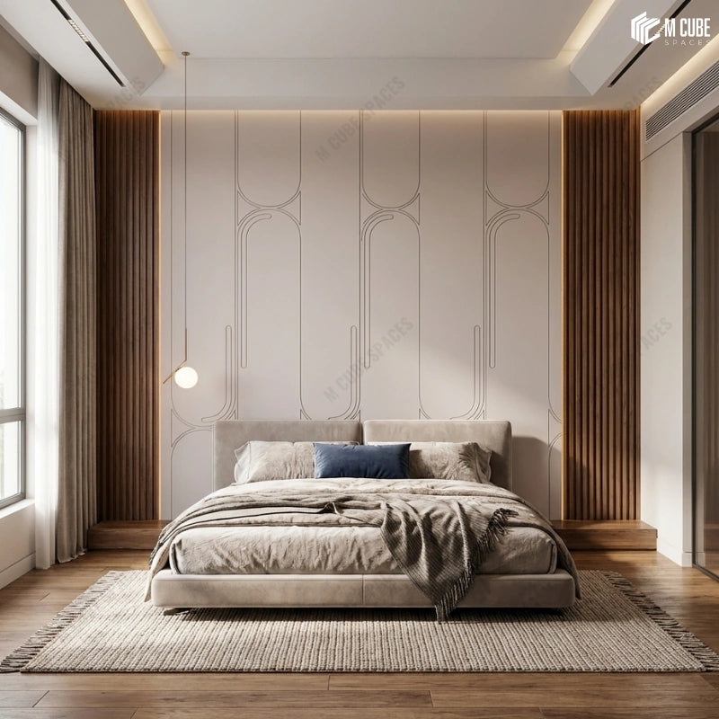 Contemporary Bedroom Statement Wall Panels paired with Wooden Louvers