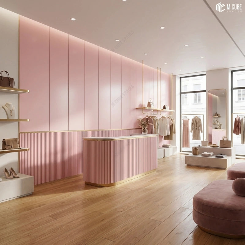 Luxury Lifestyle Retail Outlet designed with Pink Decorative Panels with Metallic Inlays