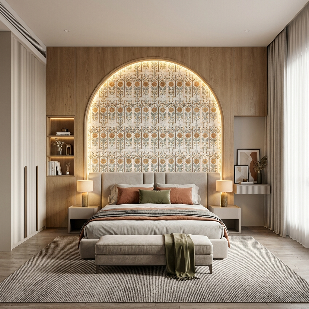 Arched headboard statement wall decorated with nandini pichwai art laminate - Bedroom interior inspiration