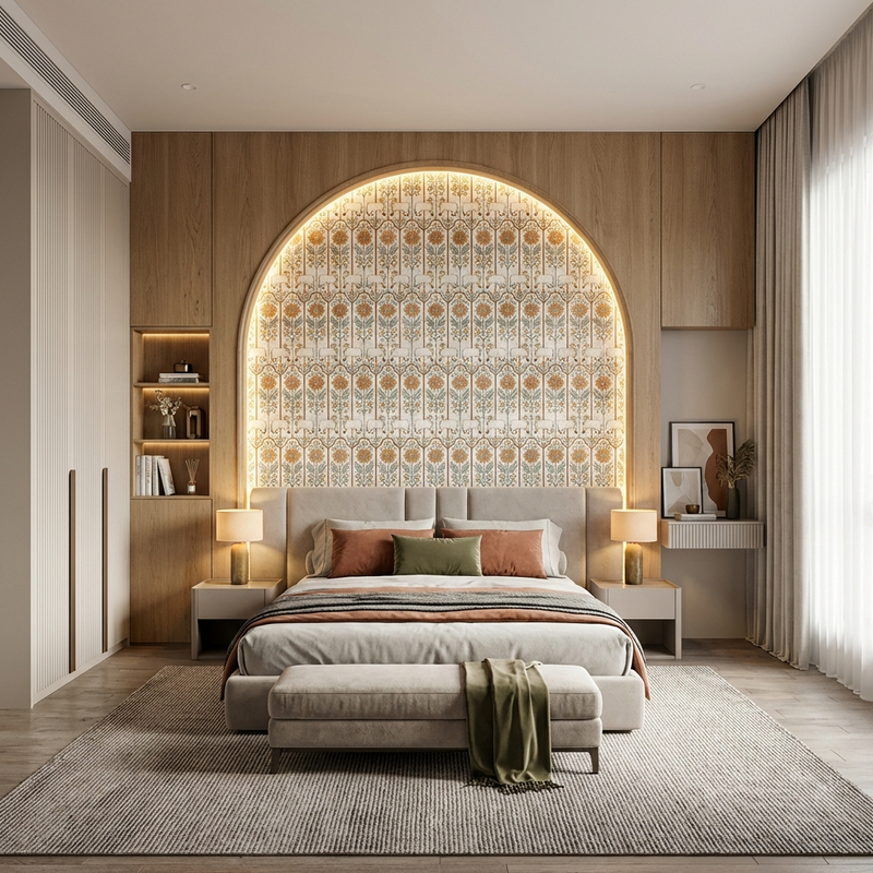 Arched Headboard Statement Wall decorated with Nandini Pichwai Art Laminate
