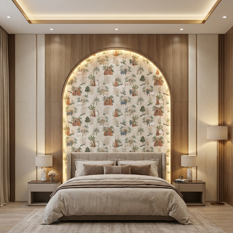 Vrindavan Pichwai Art Digital Folk Laminate Bedroom Headboard Feature Wall