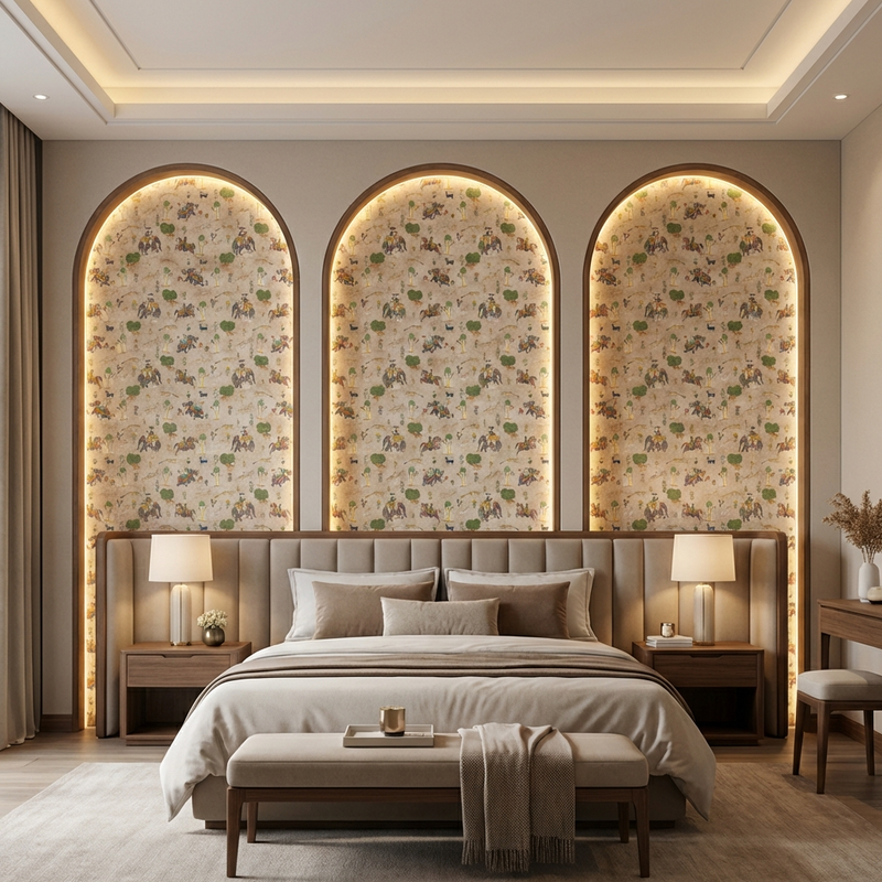 Bedroom Statement Wall Arches designed using Abhyaranya Miniarure Art Laminates