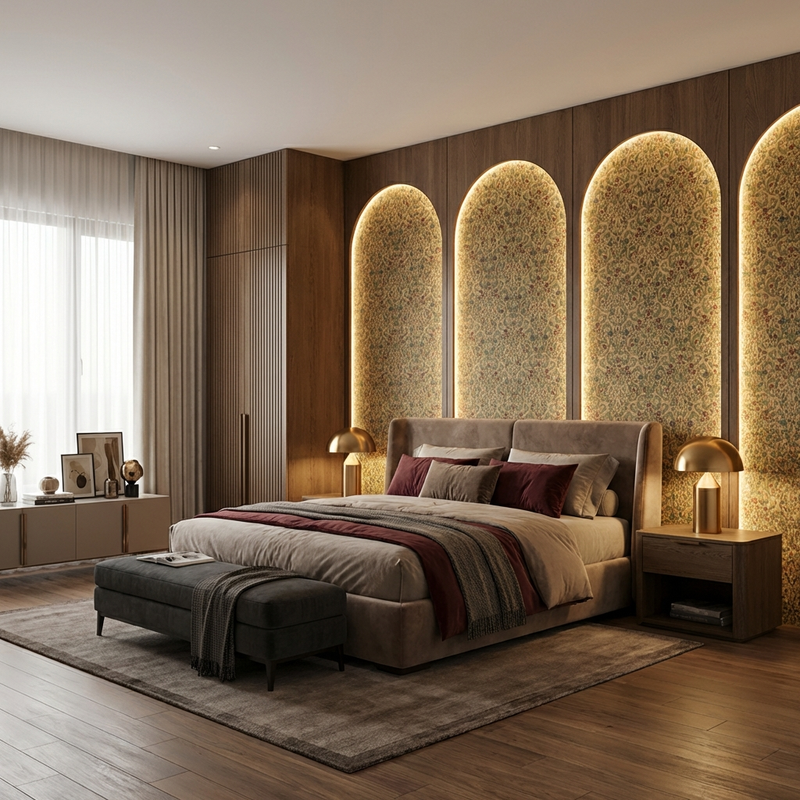 Fulkari Mughal Floral Art Digital Laminate Arched Bedroom Headboard Feature Wall Highlights