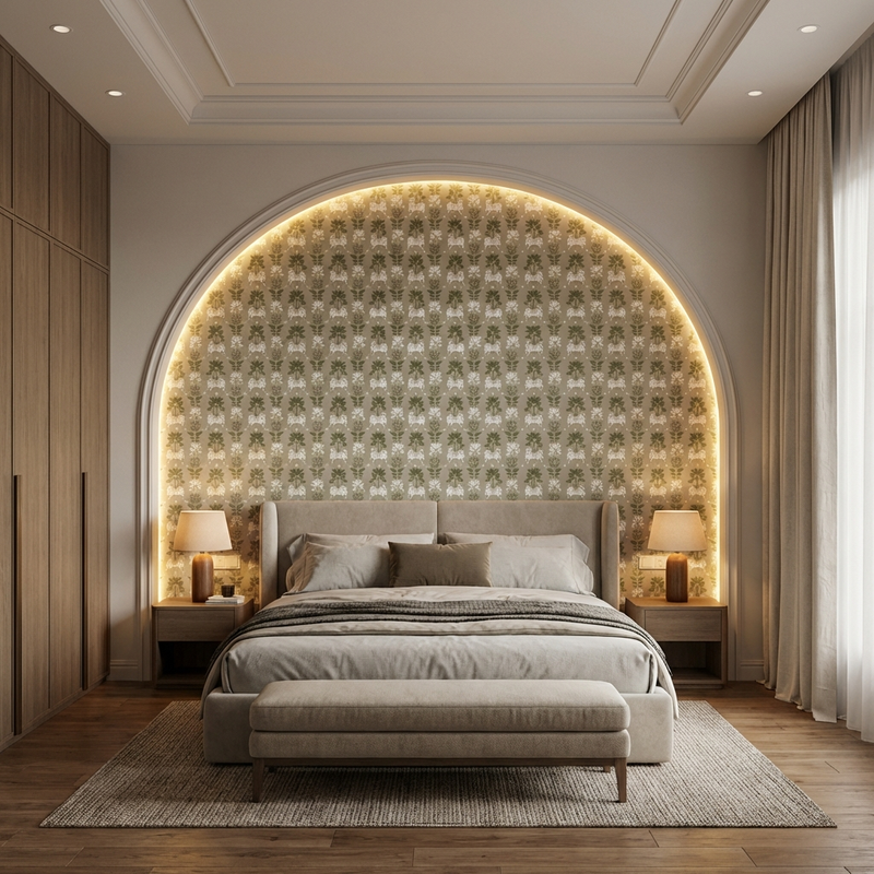 Gaukala Pichwai Art Digital Laminate Arched Bedroom Headboard Alcove Framed in Warm Lighting