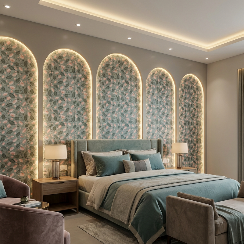 Kamalam Pichwai Art Laminate used on Accent Wall in a Ultra Luxury Resort Suite