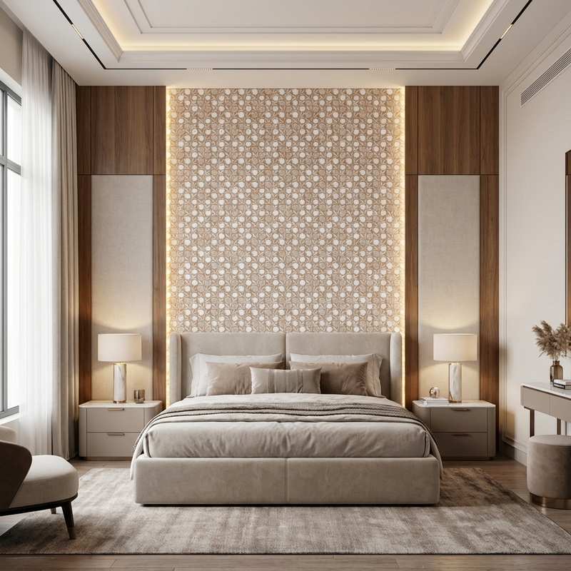 Anarika Kalamkari Art Digital Laminate Illuminated Bedroom Headboard Feature Wall