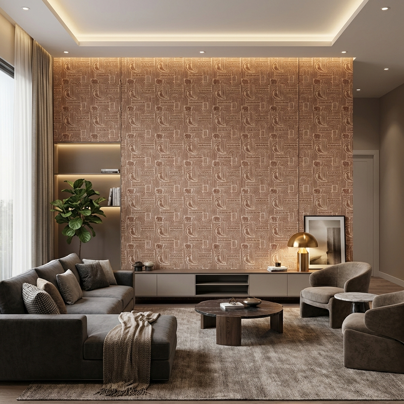 Matikala Lippan Folk inspired Laminates used as a statment interiors in Living Area