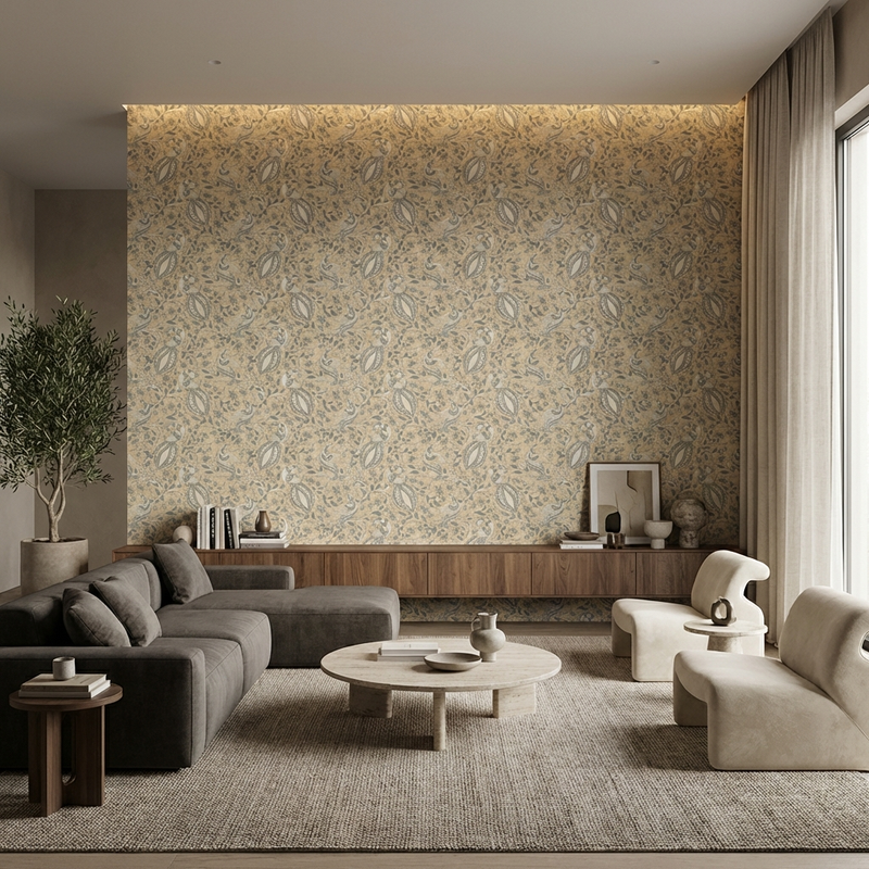 Morchitra Kalamkari Art Digital Laminate Statement Living Room Wall with Traditional Peacock and Botanical Motifs