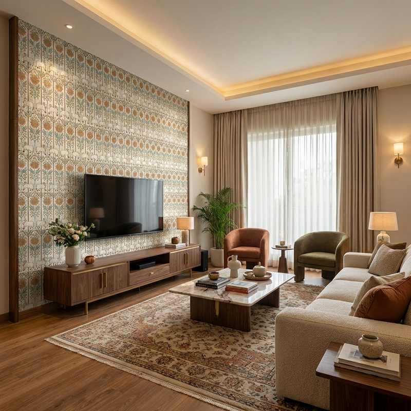 Nandini Pichwai Art Laminate used as Feature behind TV Unit in a Indian Contemporary Living Area