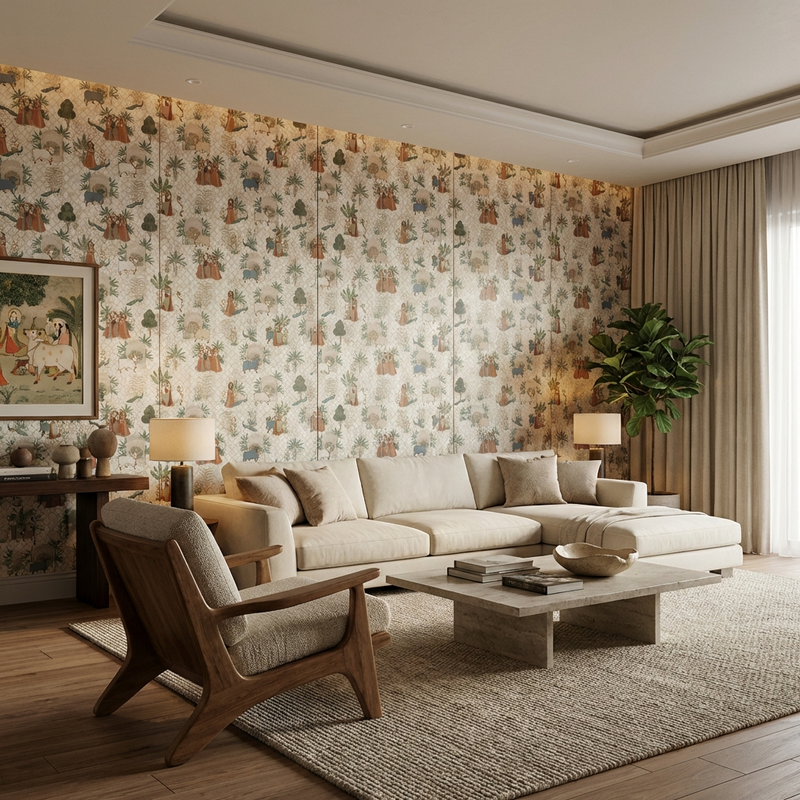 Vrindavan Pichwai Art Digital Folk Laminate Full Living Room Feature Wall Installation