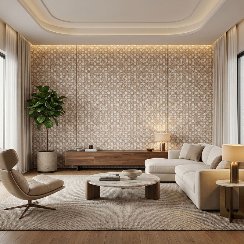 Anarika Kalamkari Art Digital Laminate Full Living Room Feature Wall Installation