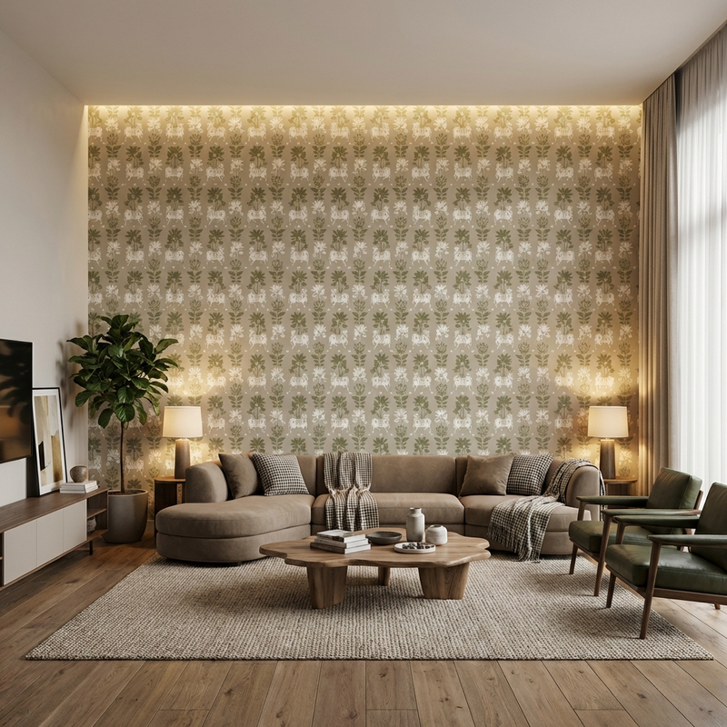 Gaukala Pichwai Art Digital Laminate Living Room Wall with Repeating Sacred Cow Motifs and Soft Ambience