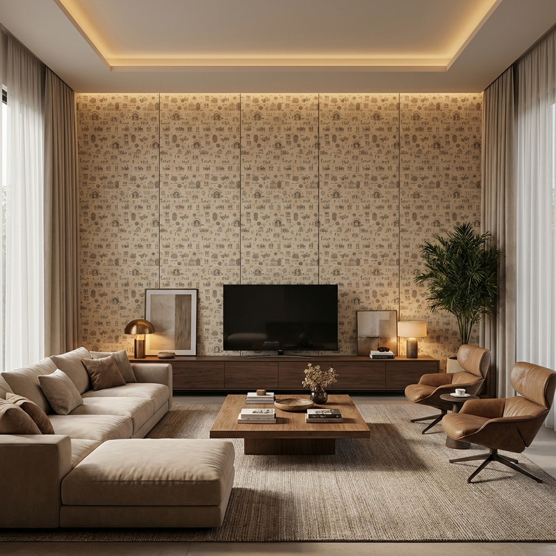 Gramchitra Warli Art Laminates in used in quiet luxury Living Room interiors