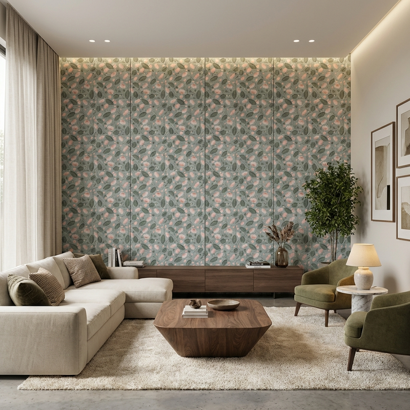 Soft Modern Living Room interiors inspired by traditional Pichwai Kamalam art