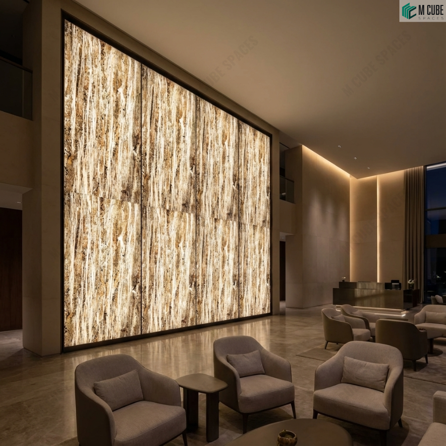 Fire rock marble stone veneer feature wall for grand commercial lobby - Commercial interior inspiration