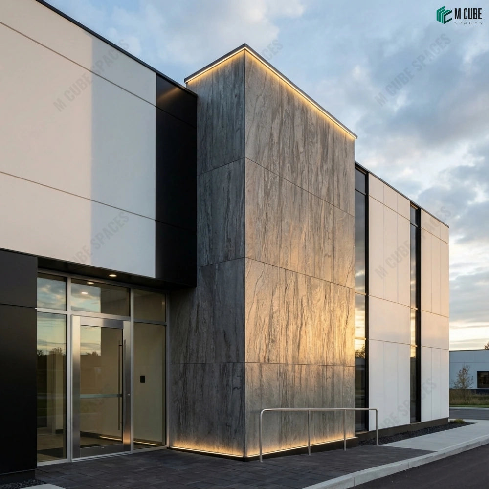 Exterior Facade Elevation with Stone Veneer Cladding – M Cube Spaces