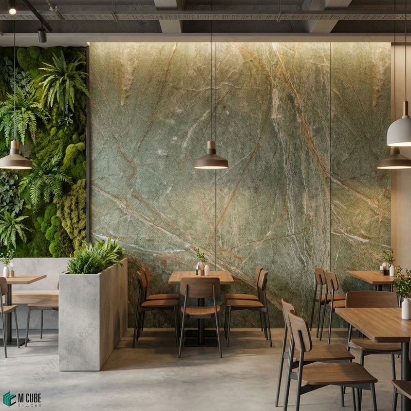 Stone Veneer Feature Wall Paired with Vertical Green Wall in Dining Space