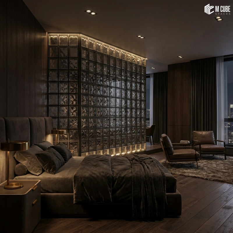 Moody Luxury Bedroom with Partition Wall using Smoked Glass Blocks