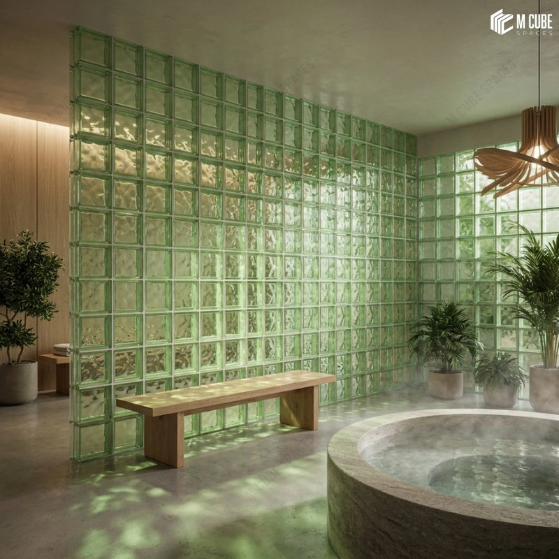 Calm Luxury Spa Bathroom with Green Glass Block Partition Wall