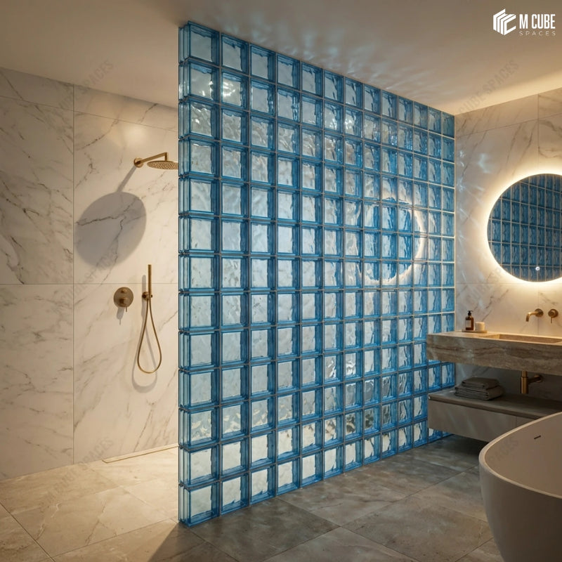 Blue Glass Blocks Partition Wall in Modern Bathroom