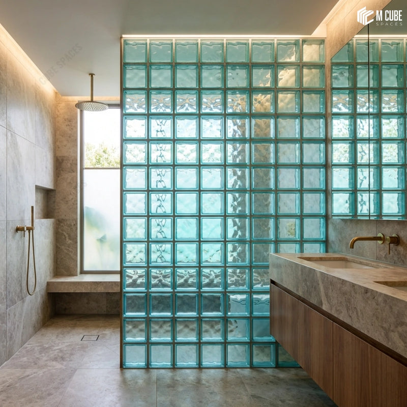 Partition Wall using Teal Glass Blocks in Washroom