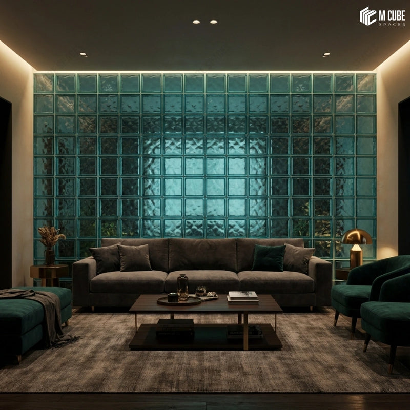 Moody Luxury Living Room with Glass Blocks Partition Wall