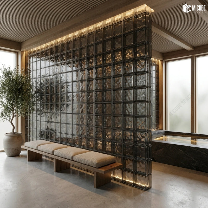 Smoked Glass Block partition wall in Spa inspired Bathroom