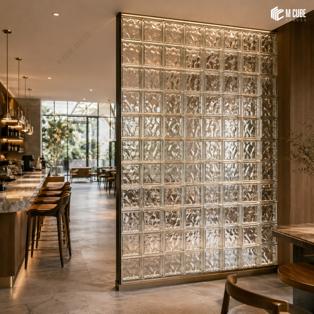 Clear textured glass block partition wall for premium café interiors - Commercial interior inspiration
