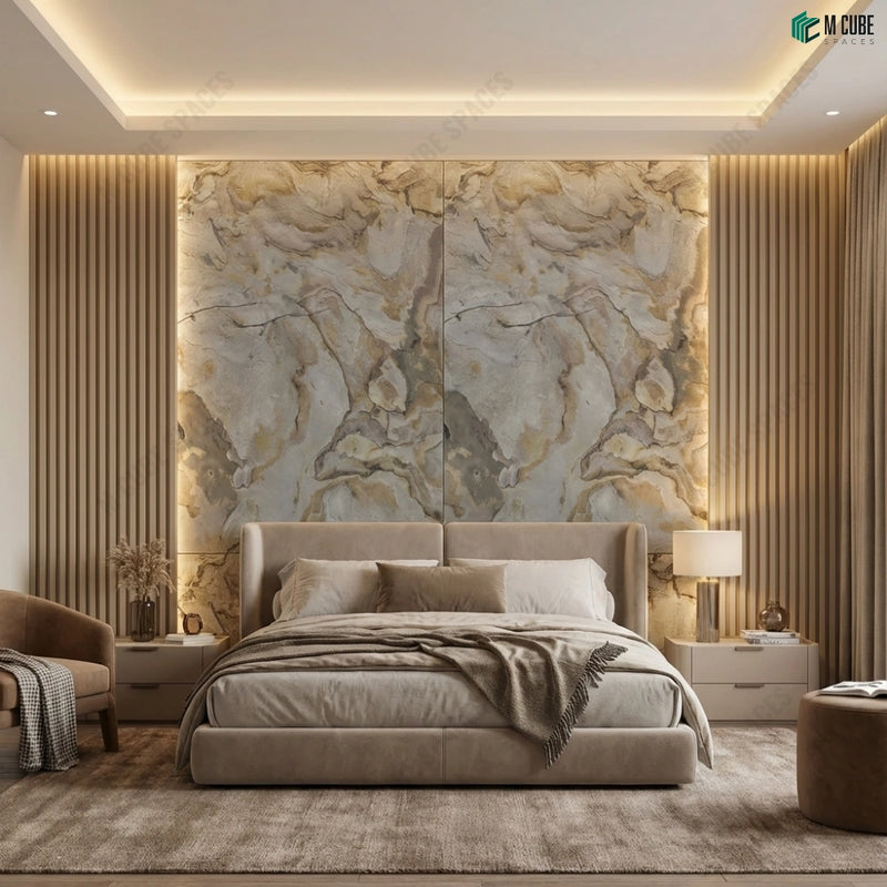 Statement Bedroom Headboard Wall with Golden Fantasy Marble Veneer
