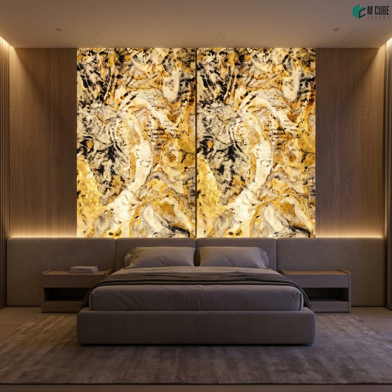 Luxury Bedroom Feature Wall finished in Golden Fantasy Marble Stone Veneer