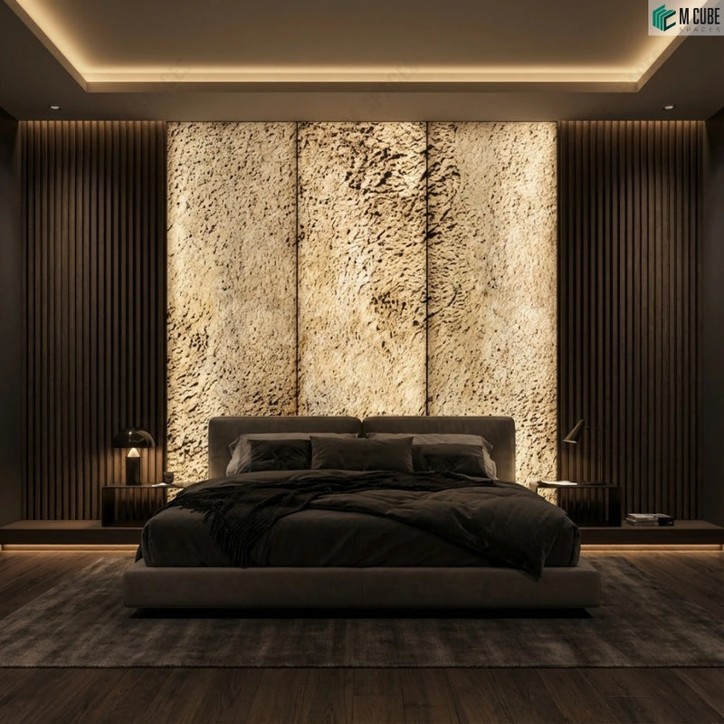 Luxury bedroom with softly lit stone veneer headboard wall