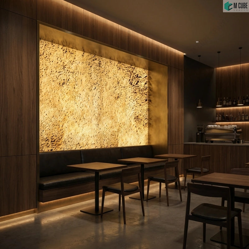 Warm Contemporary Café Interiors with Hazelnut Rock Stone Veneer 