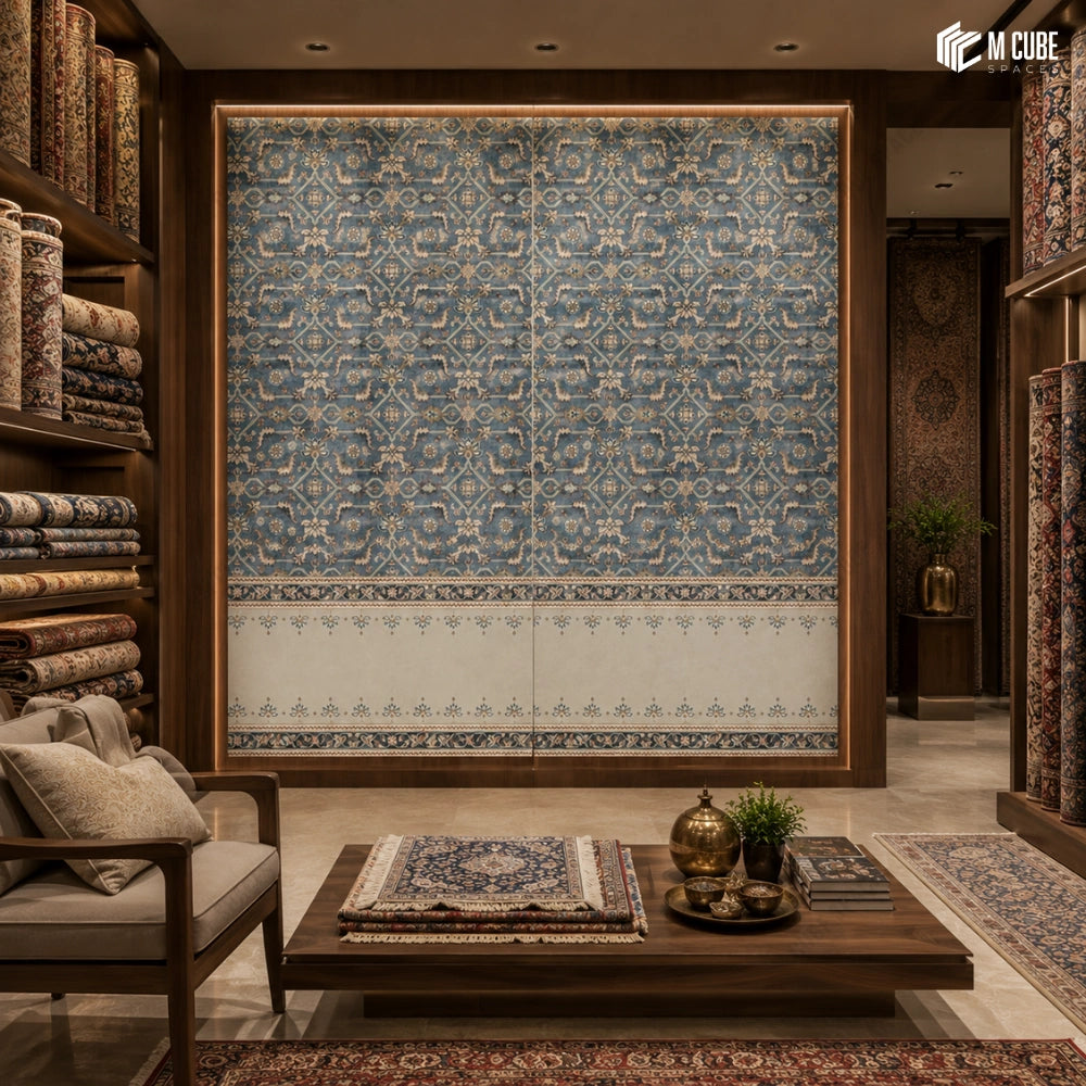 Nil kalin laminate display wall for a premium rug boutique interior - Commercial interior inspiration