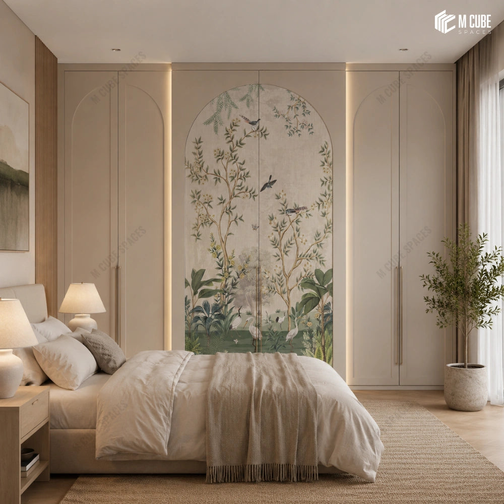 Botanical bird laminate wardrobe design for a soft contemporary bedroom - Bedroom interior inspiration