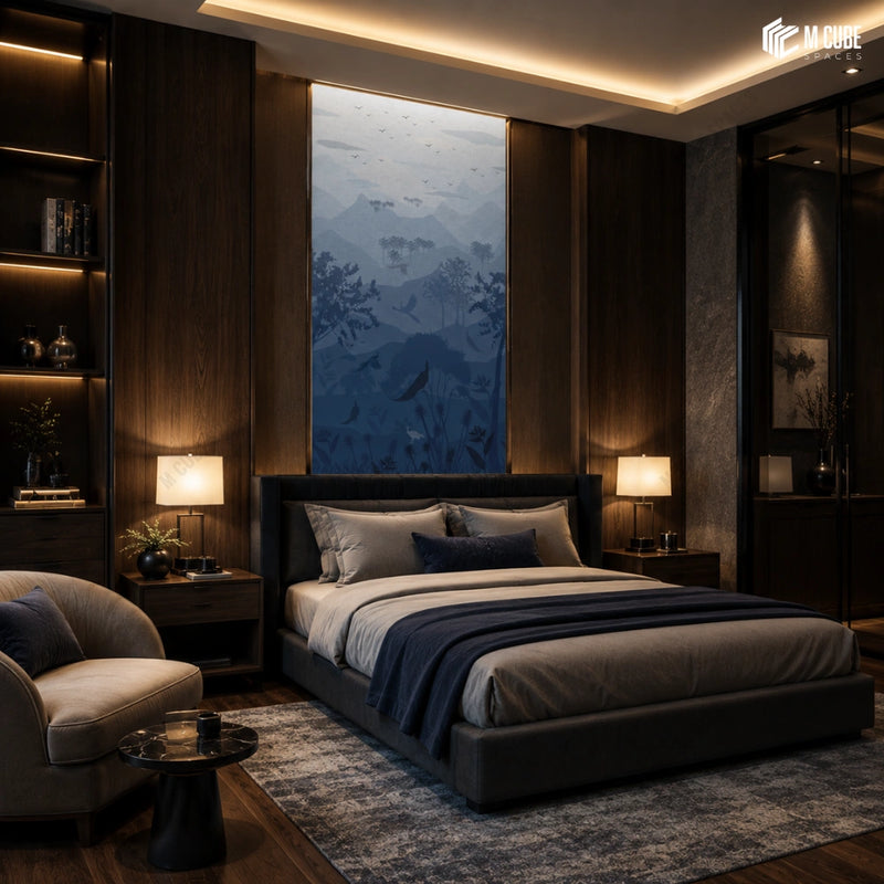 Mayur Van Landscape Laminate Headboard Panel for a Moody Luxury Bedroom
