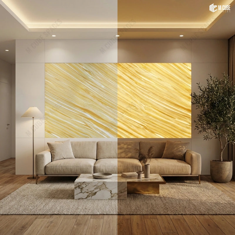 Backlit Alabaster Panel Feature Wall in Contemporary Living Room