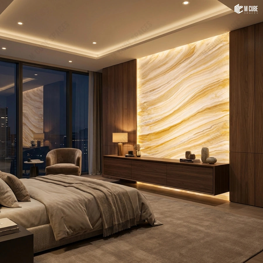 Alabaster Feature Wall with Integrated Lighting in Master Suite - Bedroom inspiration