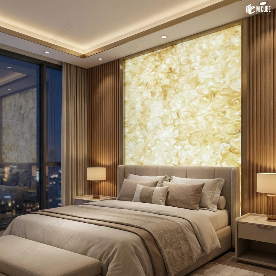 Backlit alabaster wall panel behind bed in contemporary bedroom - Bedroom interior inspiration