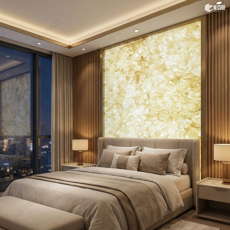 Backlit Alabaster Wall Panel Behind Bed in Contemporary Bedroom