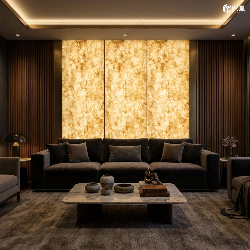 Backlit Alabaster Panel Feature Wall with Metal Trim in Contemporary Living Room