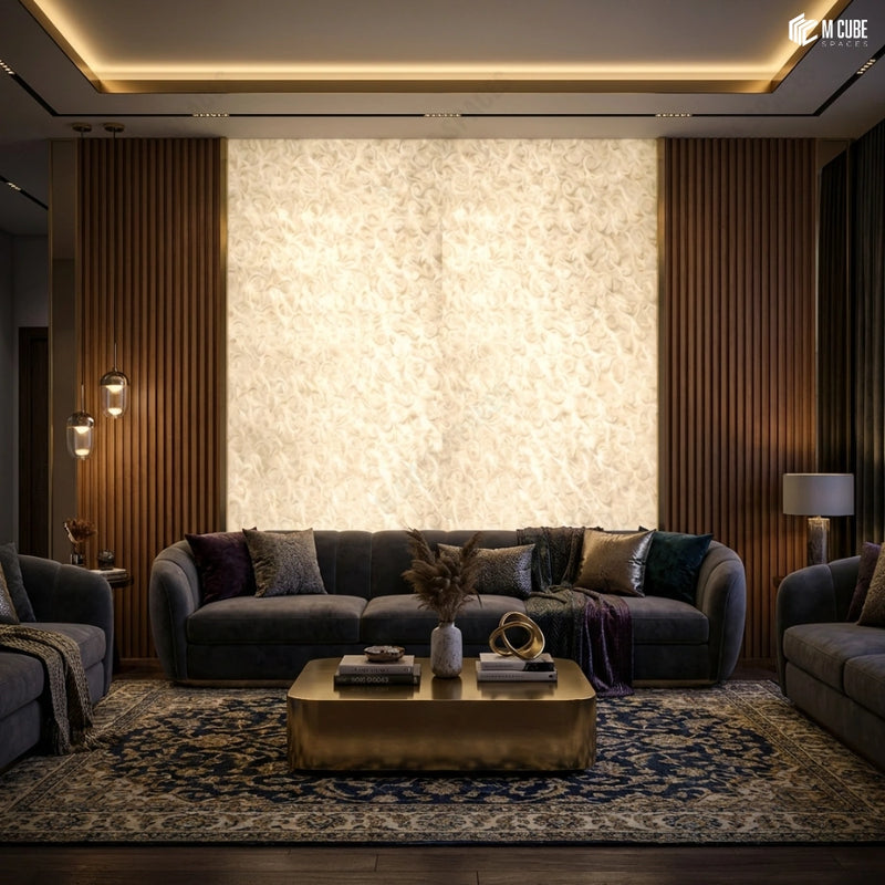 Floor-to-Ceiling Backlit Alabaster Wall in Grand Living Lounge