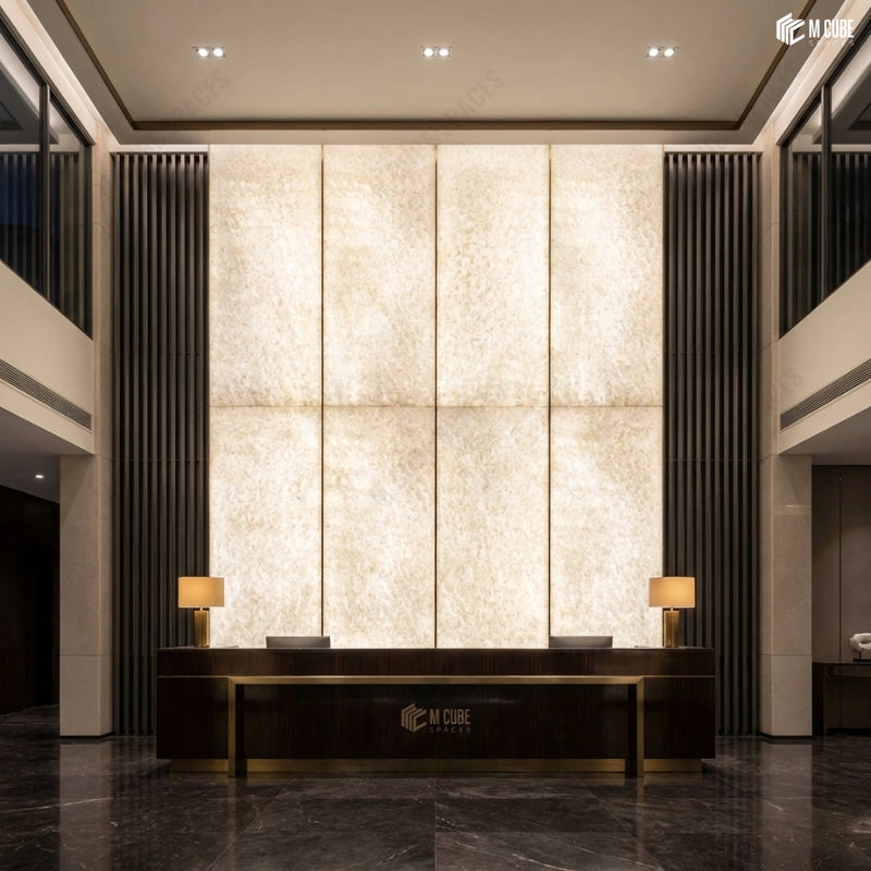Grand Reception Desk Backdrop in Backlit Alabaster Wall Panels